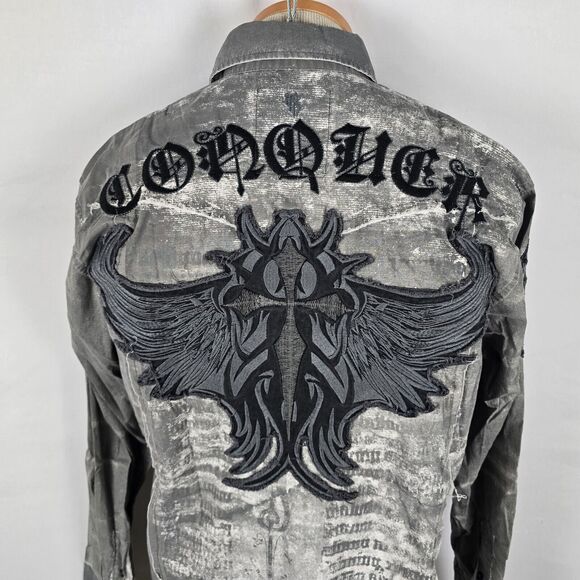 Roar Shirt Men's Small Bleached Gray Embordered Wings Conquer Y2K Button Down - Picture 3 of 16